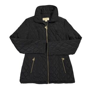 Michael Kors Women Quilted Black Full Zip Jacket Gold Logo Accents Size S EUC!